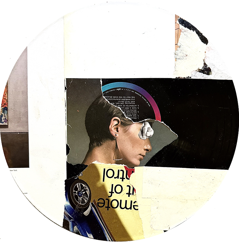 Torn magazine collage featuring a woman's face, a car, and text.