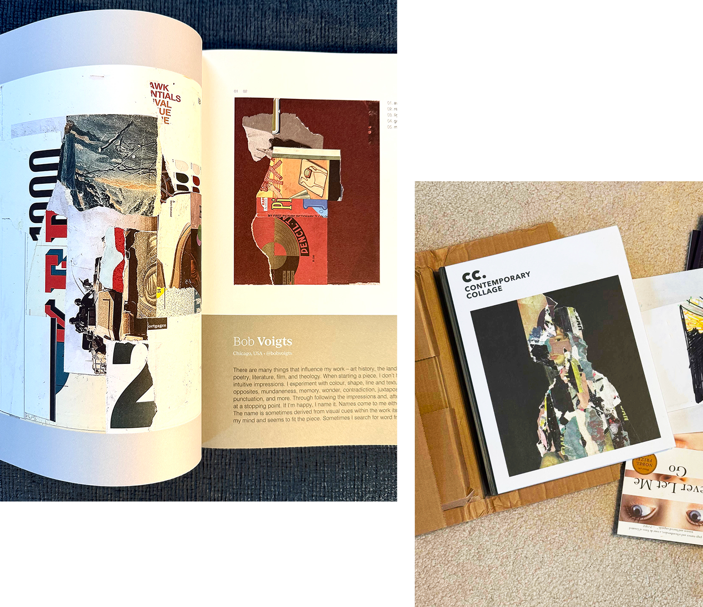 Open art books displaying collage artwork, one titled 'Contemporary Collage' depicting an abstract portrait, another featuring colorful abstract art, and a third showing various collaged images with text.