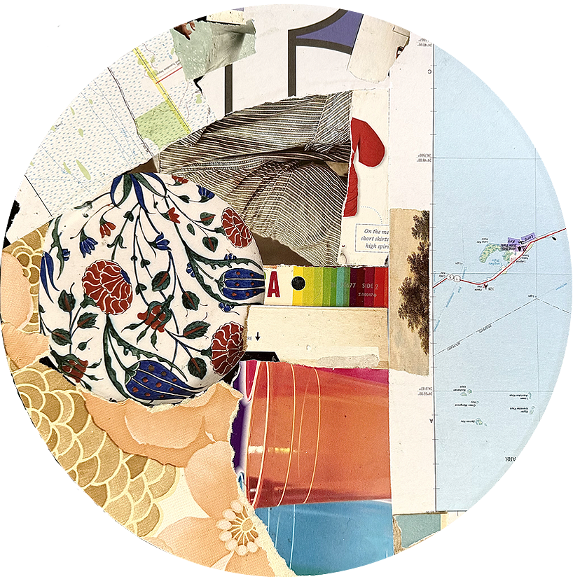 Collage of various paper materials, including maps, fabric patterns, a color guide, and a drink with a straw, arranged in a semi-circle.