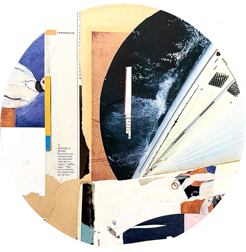 Abstract collage of torn paper and images including a person with a black hat, a clock, an airplane, and various text and colors.