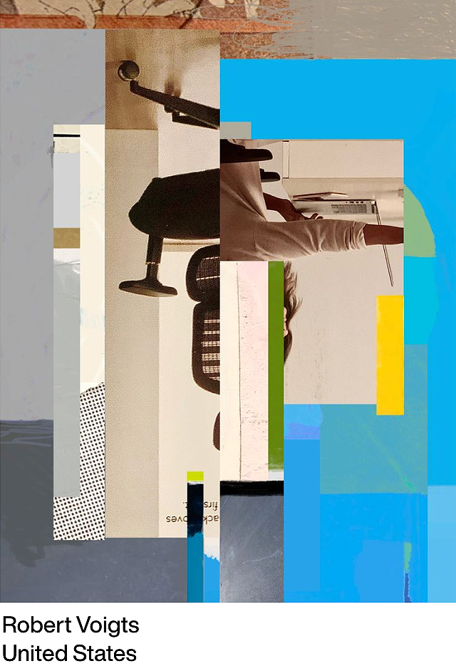 Artwork of a collage with abstract and fragmented elements, including parts of a person holding a pen, office chairs, and various colorful geometric shapes.