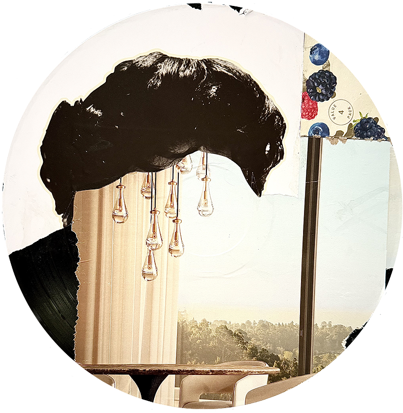 Decorative mirror with black silhouette of a woman's head, hanging pendant lights, and a view of a landscape with trees outside a window.