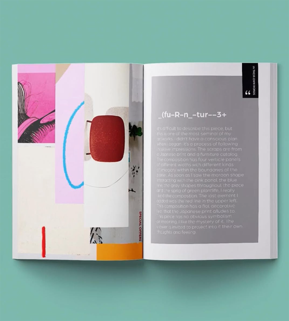 An open magazine on a teal surface showing abstract and colorful artwork on the left page and text on the right page, including a black quote box at the top.