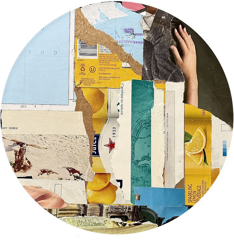 A collage of torn paper and cardboard with snippets of images, text, and various colors, including lemons and blue water, along with part of a person's hand resting on the surface.