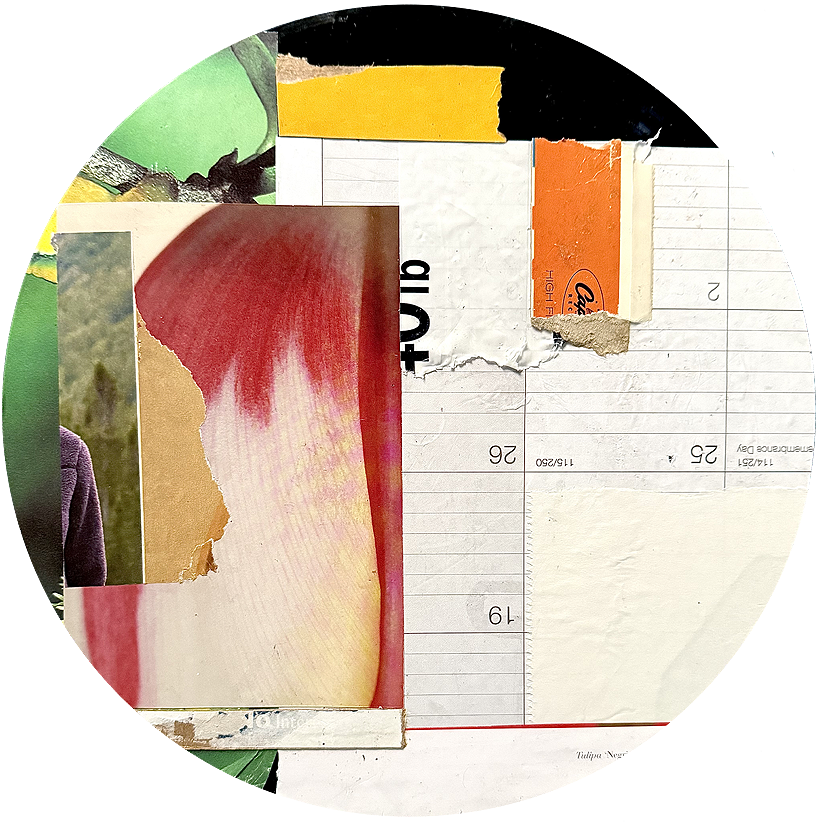 A collage of torn paper pieces including a red and white coloration, an orange piece, a green background, and a torn piece of a paper receipt with handwritten numbers and text.