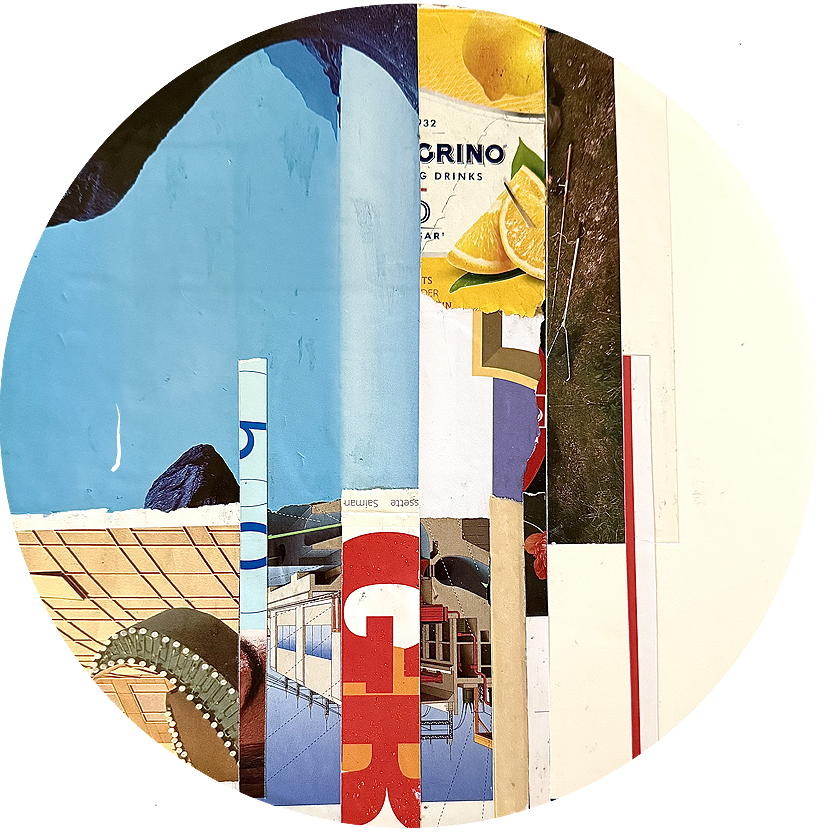 Abstract collage of torn and layered advertisements and posters, featuring a lemon slice, buildings, a person in a hat, and text, with a circular shape framing the composition.