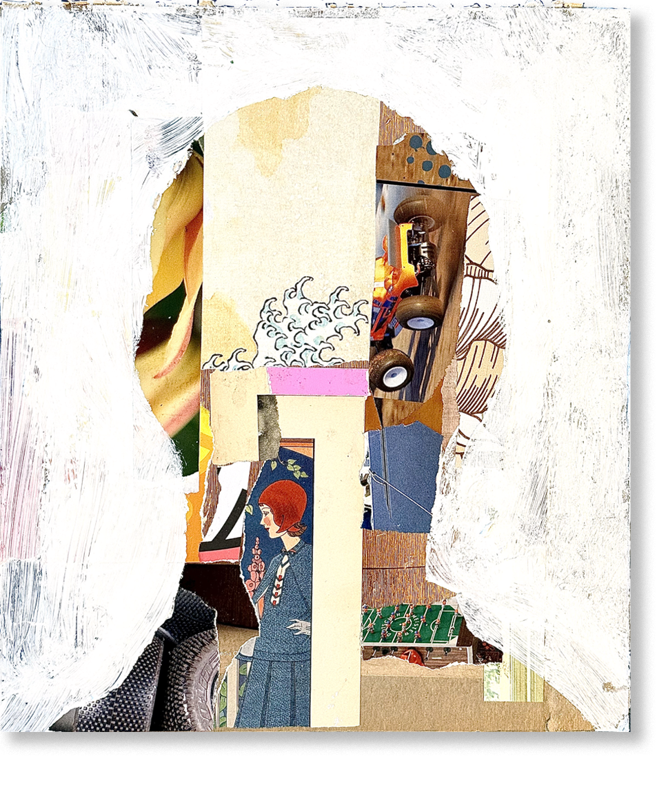 the roaming poet, 2024, collage, 12.5"H x 10.5"W