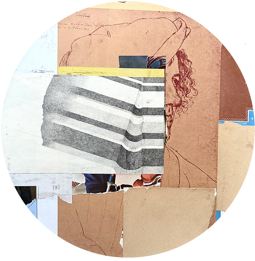 Collage of various sketches and torn paper pieces, including a pencil drawing of a woman's face with curly hair, a hand drawing with a finger pointing, and a black and white striped box, arranged in a layered and abstract manner.