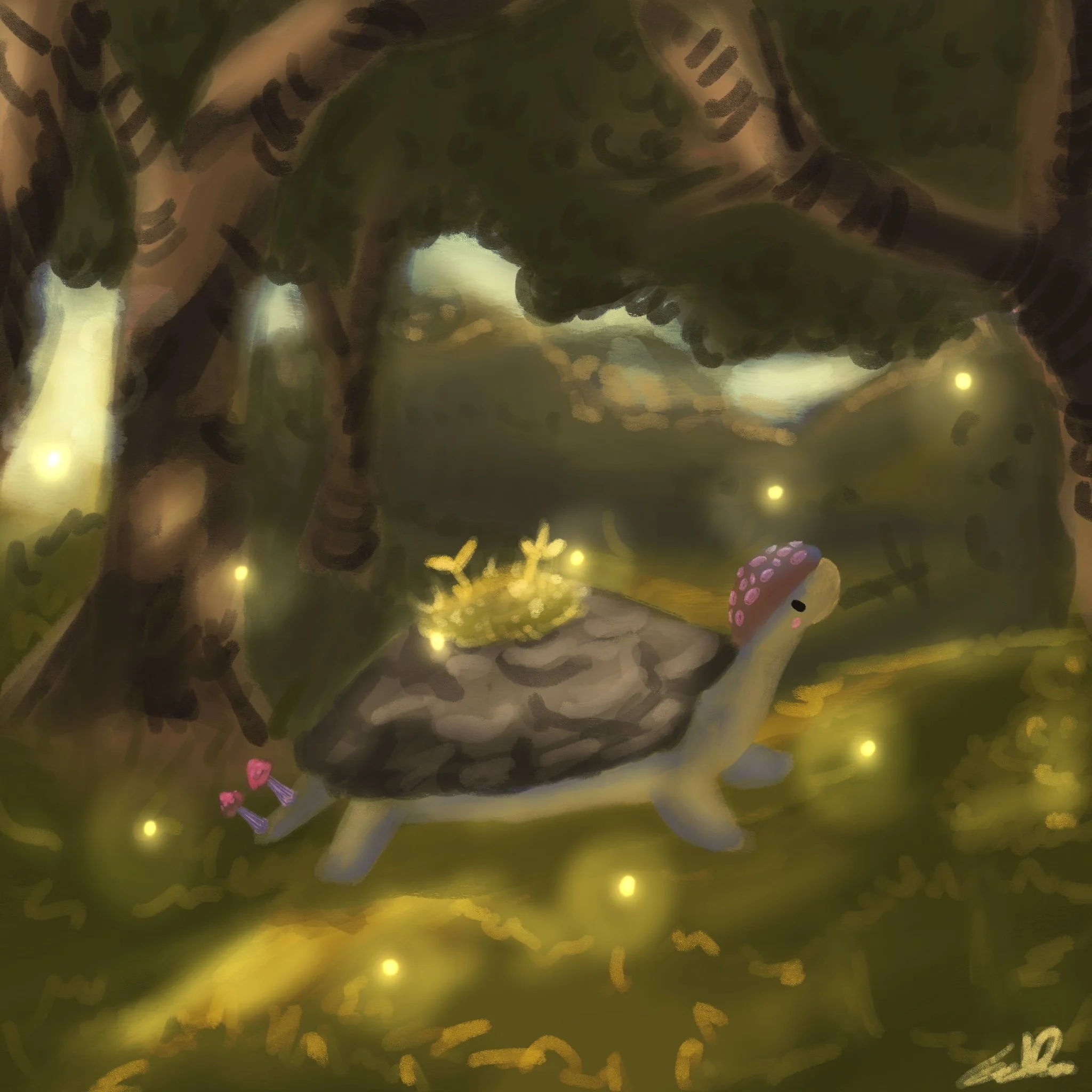 A scene of a fantasy forest with glowing lights, with a turtle character with a mushroom hat, in a lush, magical environment.
