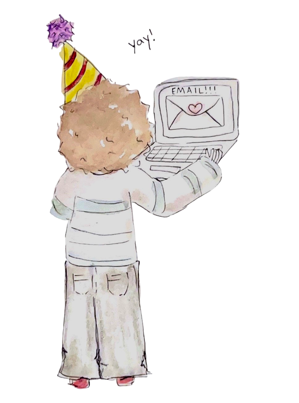 A child with curly hair wearing pajamas and a party hat is using a laptop with an email icon and the word 'EMAIL!!!' displayed on the screen.