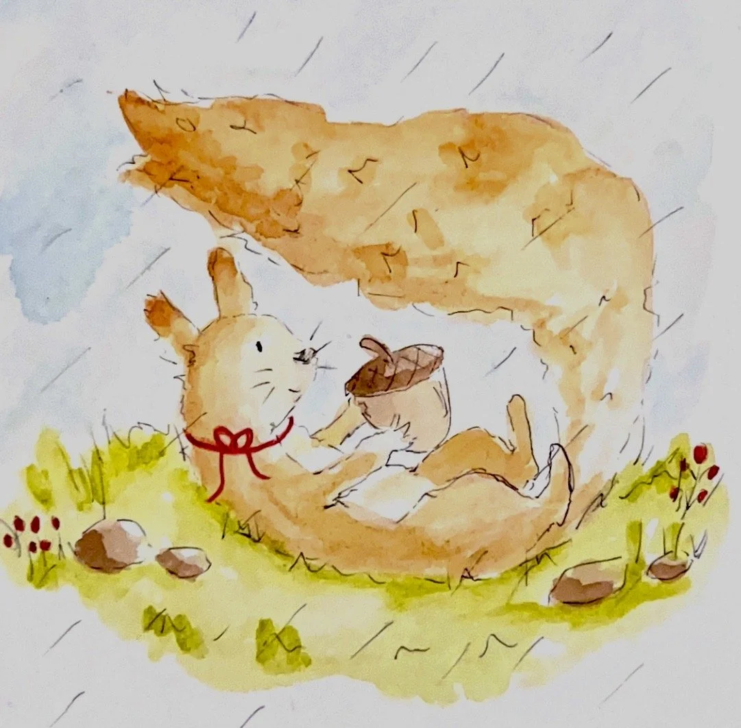Watercolour illustration of a squirrel with a red bow lying on its back in the rain, holding an acorn