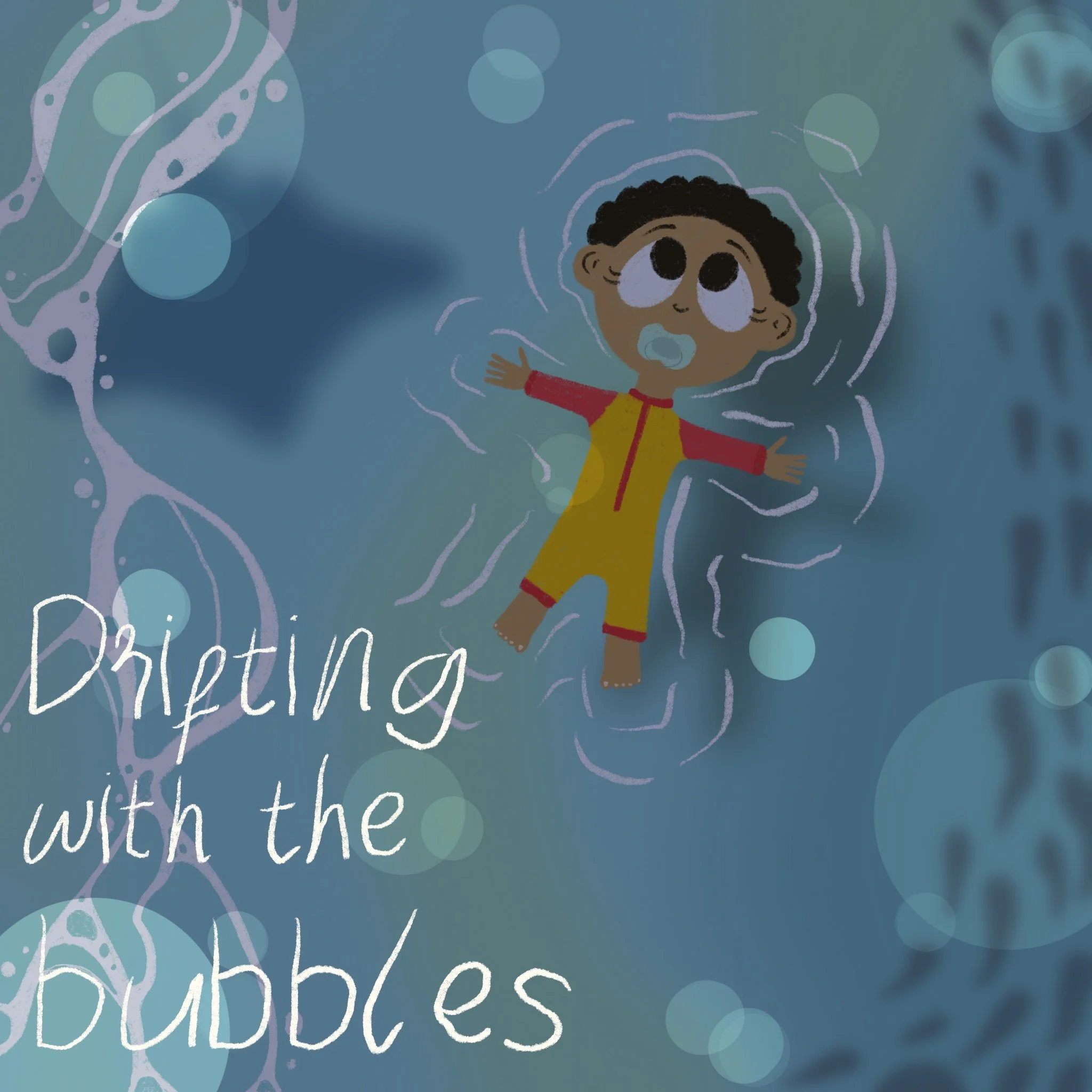Illustration of a child with curly hair, wearing a red and yellow outfit, floating in water with a pacifier in their mouth, surrounded by abstract bubbles and water patterns, with partially visible text that reads 'when the...'