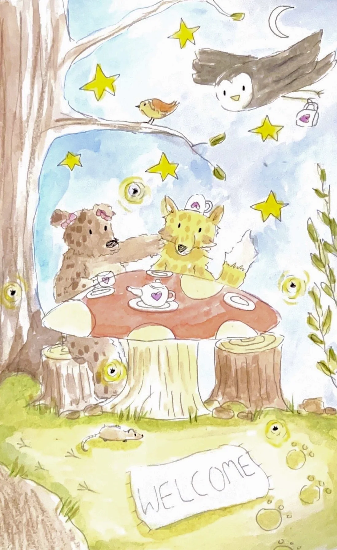 Watercolor illustration of animals having a tea party outdoors with stars, a moon, and a tree; a bear, a fox, and a bird are sitting at a table with tea cups and a teapot, and a mouse is playing outside; a welcome sign is on the grass.