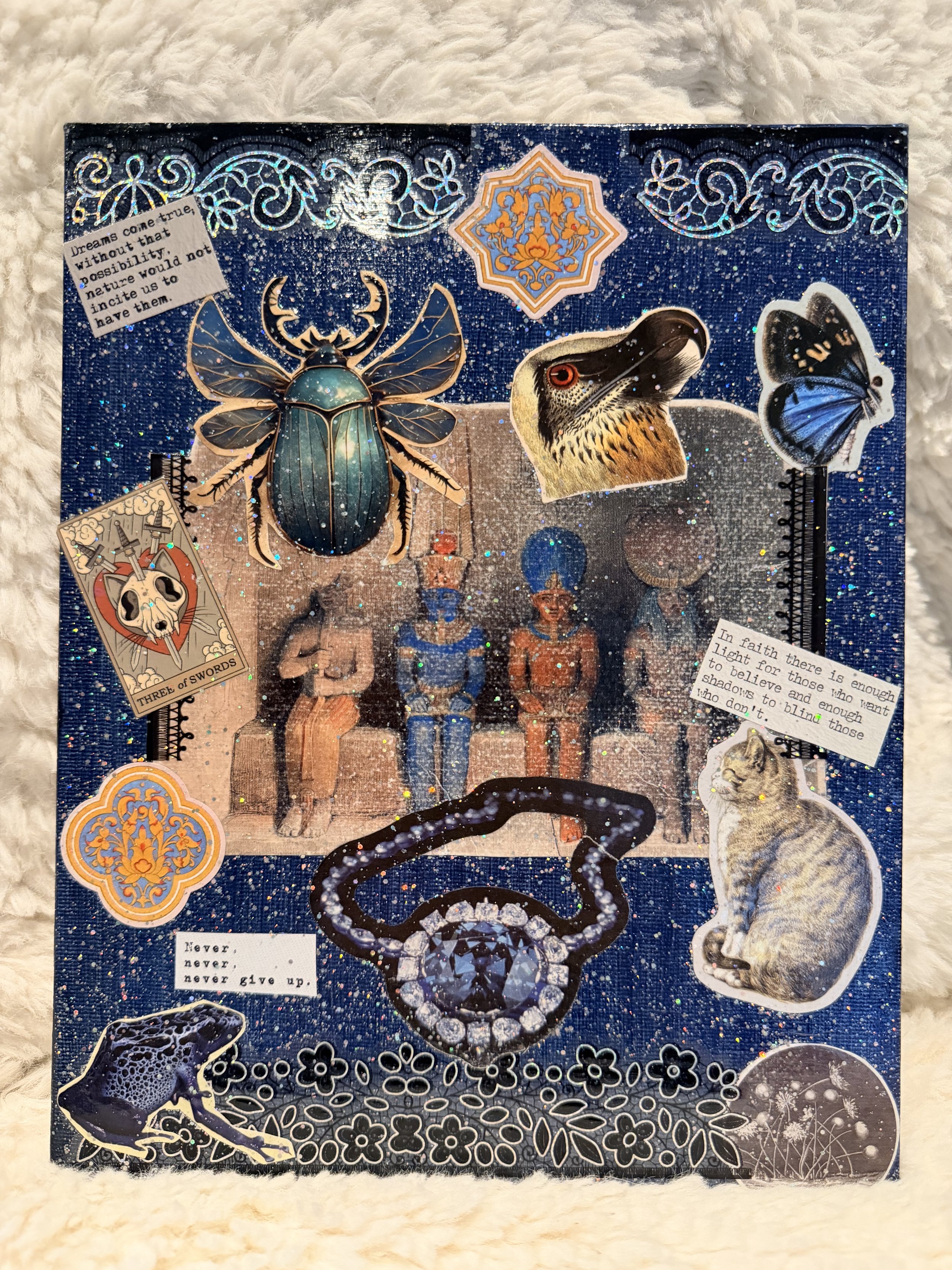 A collage of various images and text, including insects, animals, decorative patterns, a tarot card, and inspirational quotes, set against a dark, glittery background.