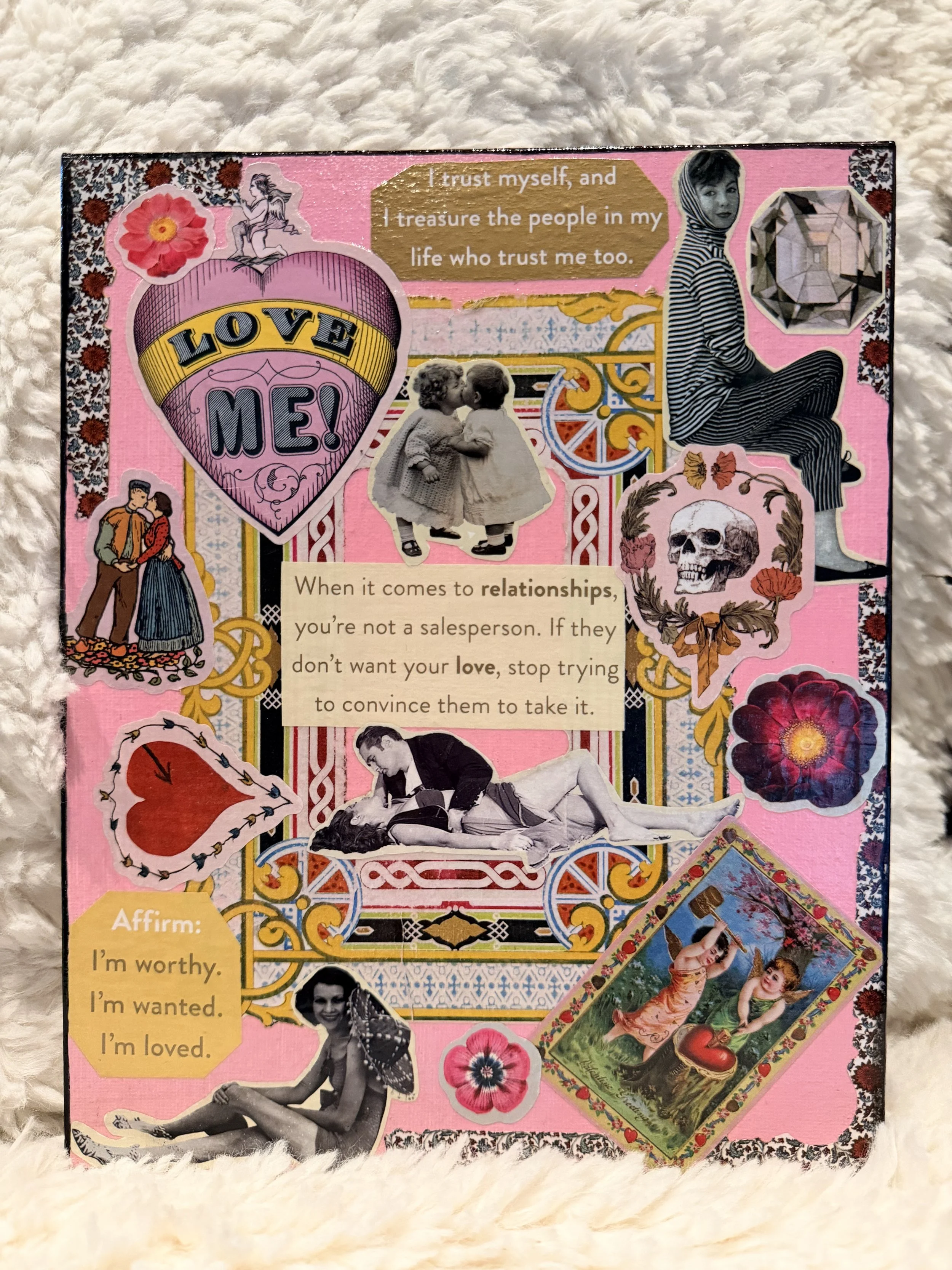 A collage of vintage and modern images and illustrations, including a woman in striped pajamas sitting, a black-and-white photo of two children kissing, a skull surrounded by flowers, a couple kissing, a butterfly, and various decorative elements on 