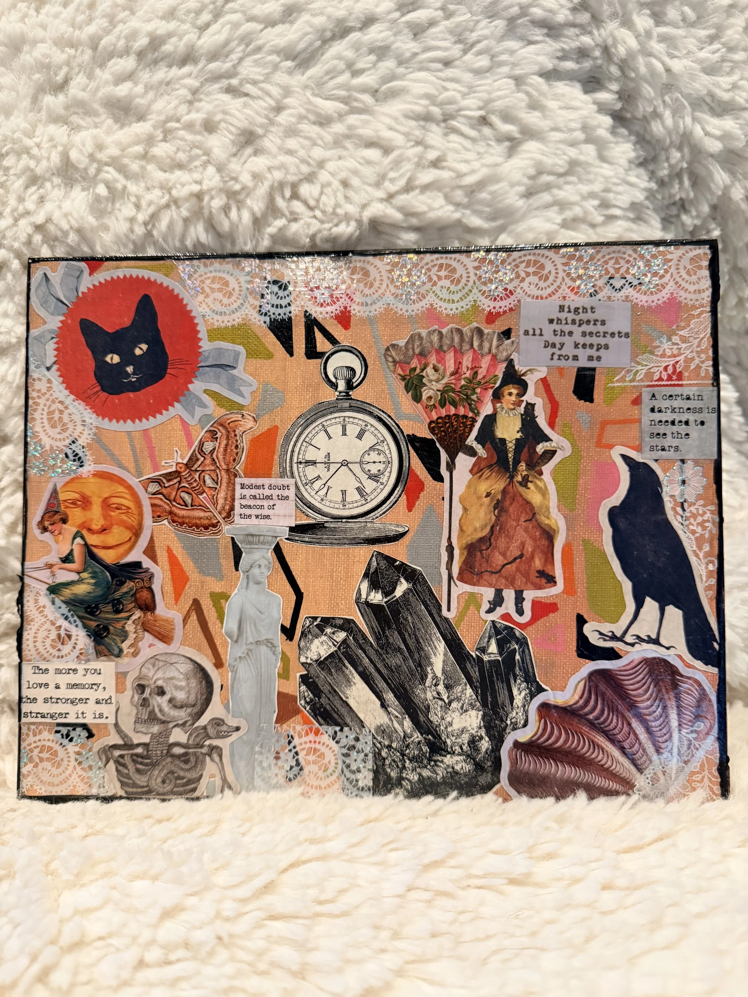 A collage of vintage and modern images with text overlays, including a black cat, a pocket watch, a human skull, a woman with a black cat, a woman sitting with a broom, a black dog, a gemstone, and text snippets about memories and darkness, all on a 
