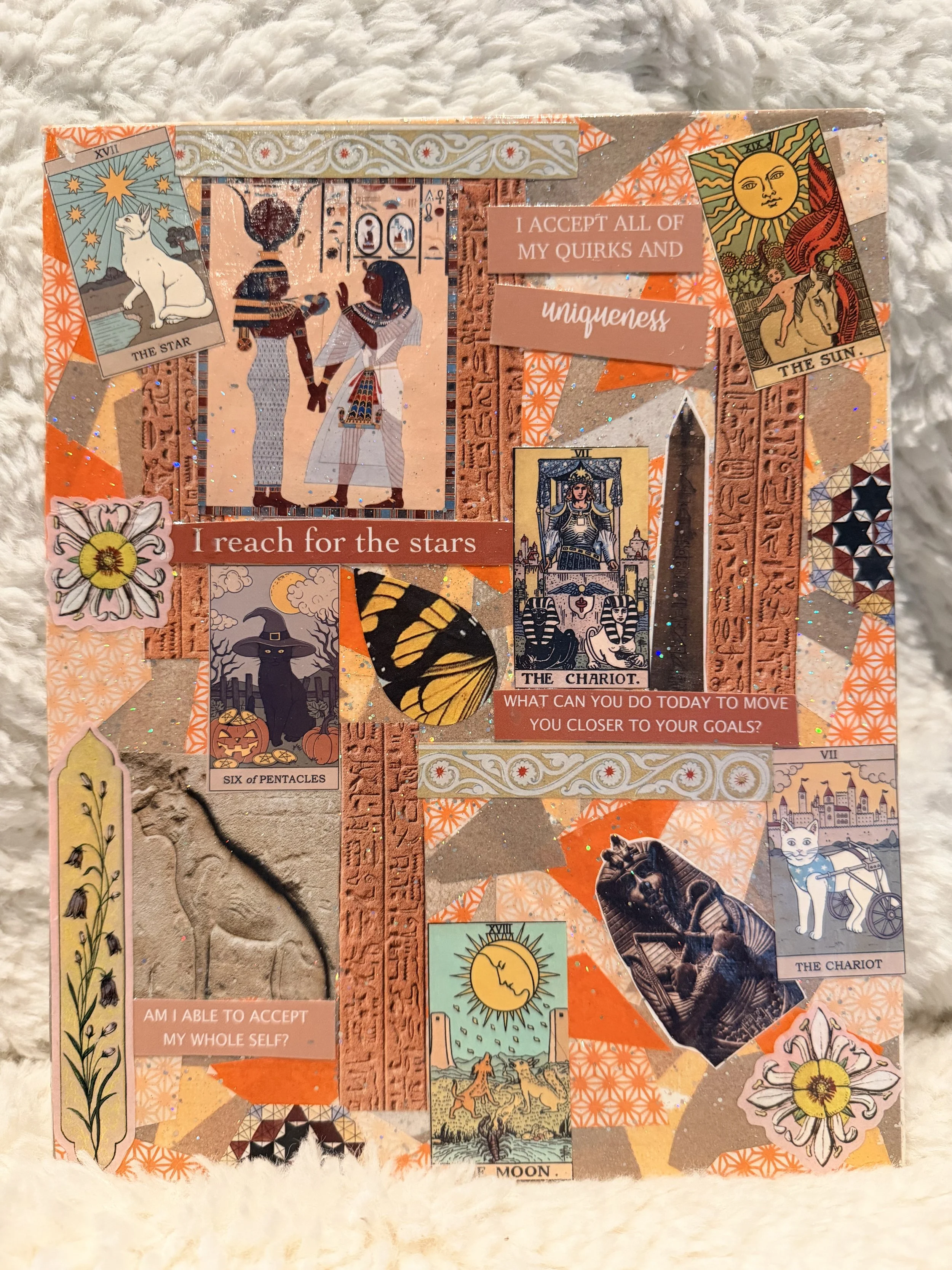 Collage of tarot card images, including The Star, The Sun, Six of Pentacles, The Chariot, and The Moon, among decorative and patterned elements, with a quote about self-acceptance and moving closer to goals.