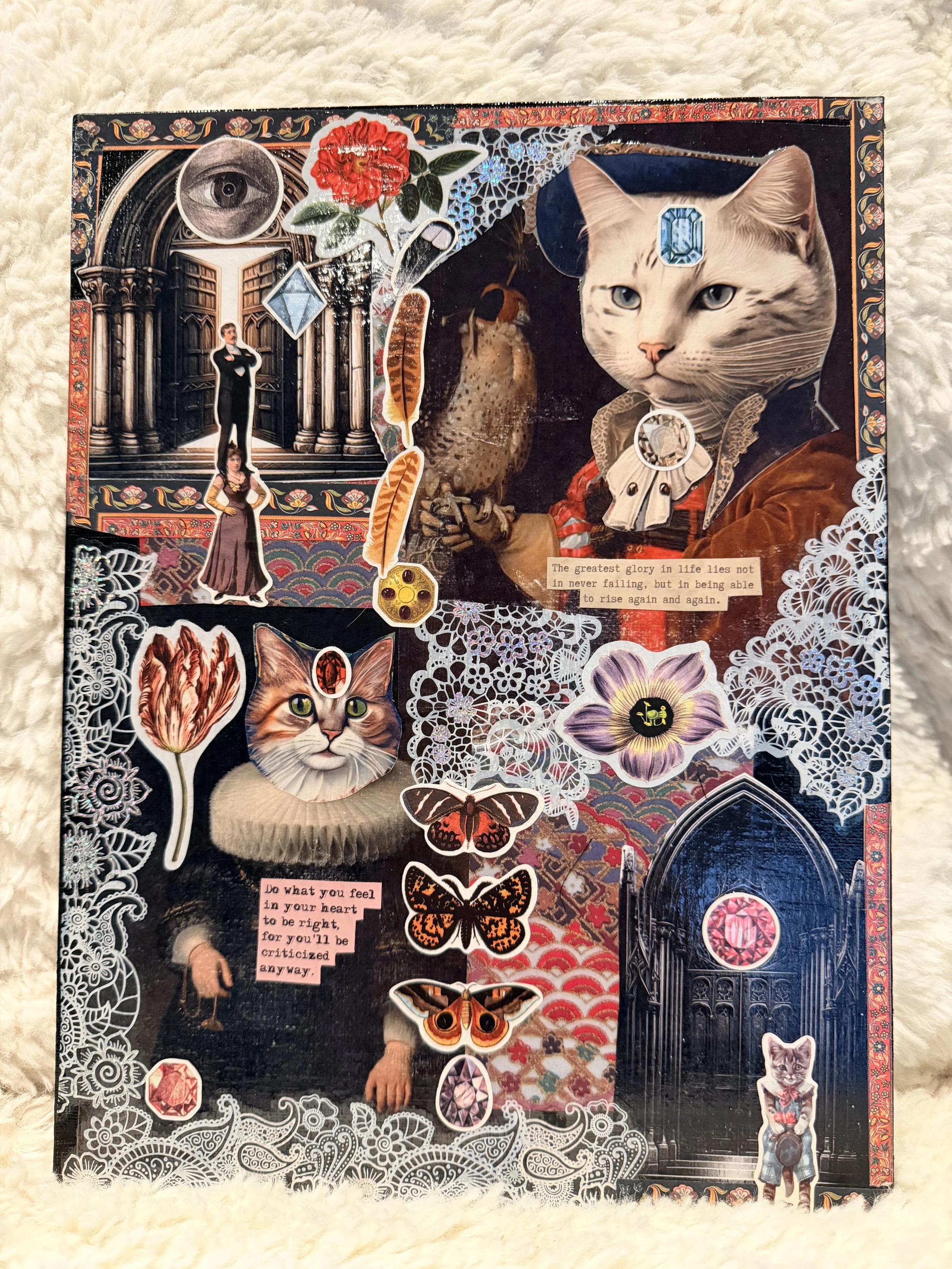 A collage of stickers and cutouts on a dark background, featuring a large cat with blue eyes, a human figure in formal attire, a leopard, various flowers, butterflies, a lady in vintage clothing, an eye, and quotes about life and confidence, mixed wi