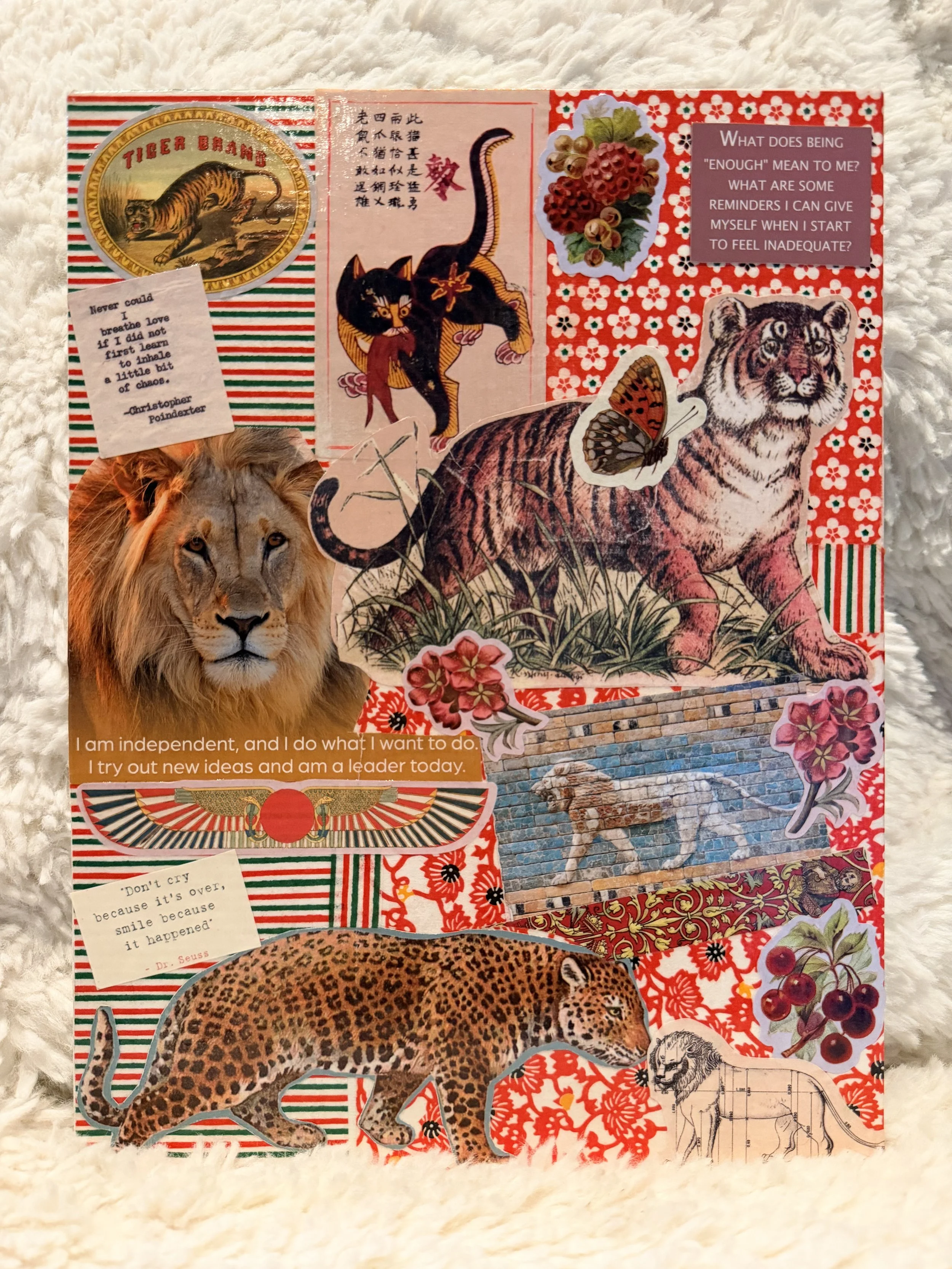 Collage of various images and text, including a tiger emblem labeled 'Tiger Brand,' a black cat illustration with Chinese characters, a photograph of a lion, a leopard illustration, a butterfly, a flower, a quote from Christopher Ponderzer, and other