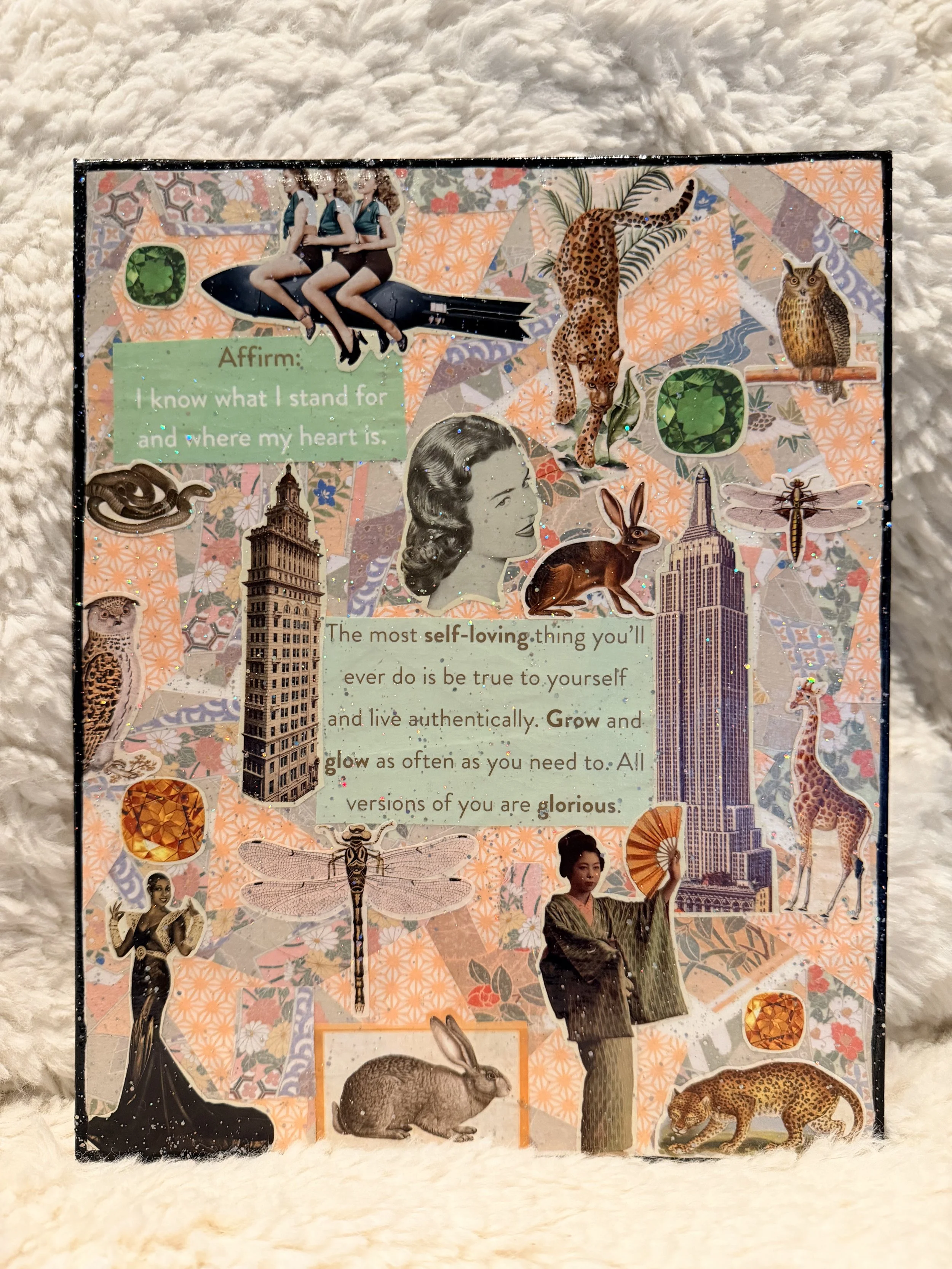 A collage poster with various animals, iconic buildings, vintage photos, and motivational quotes. Features a woman in traditional Japanese clothing, a cheetah, a rabbit, a sleeping snake, an owl, a dragonfly, and buildings resembling the Empire State