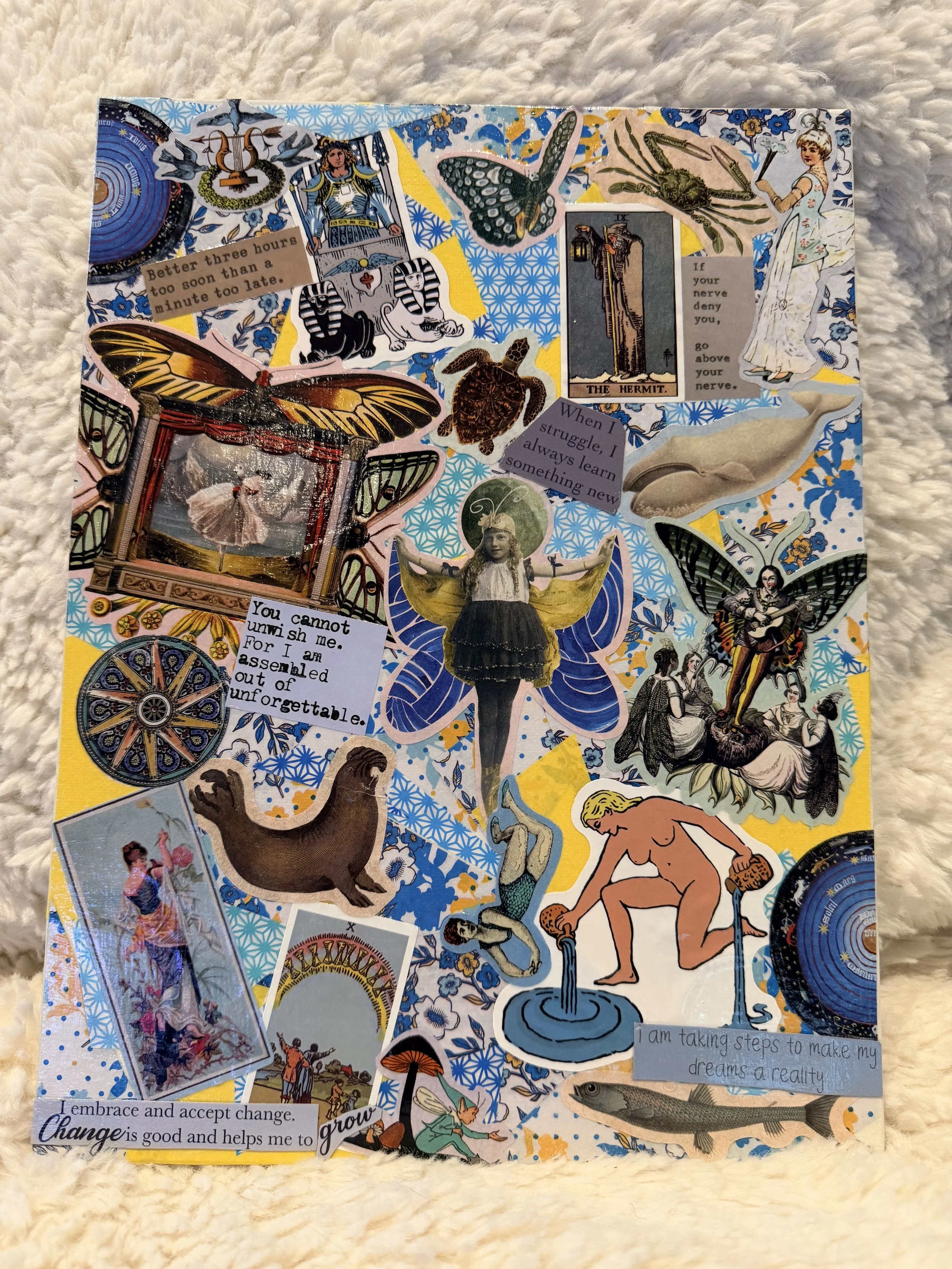 A collage of various images, quotes, and illustrations including animals, mythical creatures, and inspirational phrases on a colorful background.