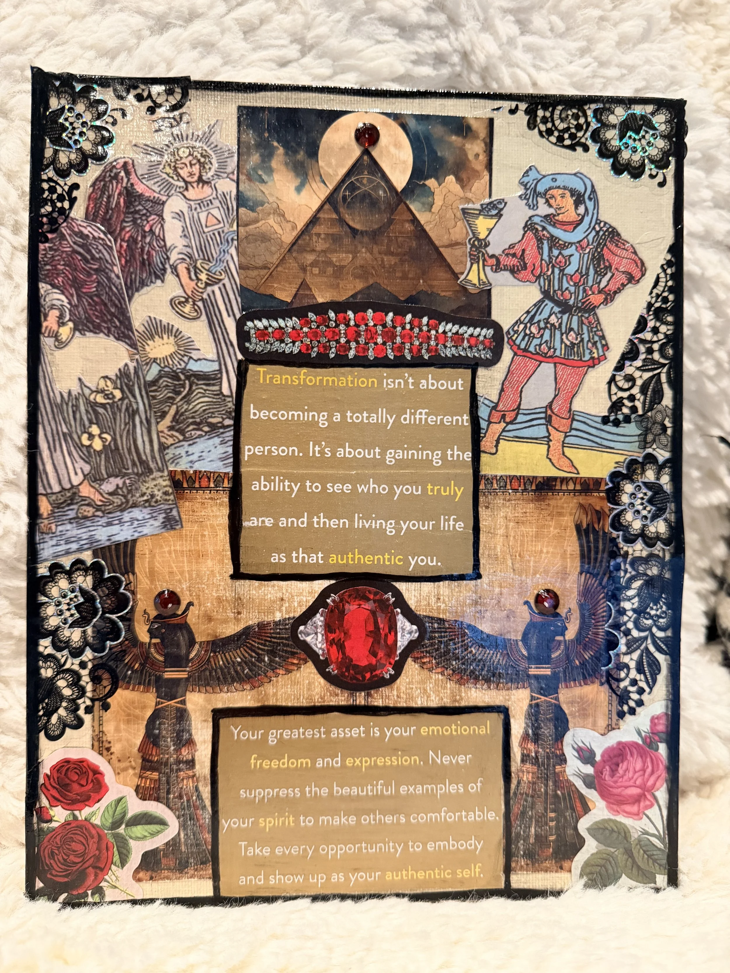 Decorative collage with images of angels, a mountain, and flowers, with motivational text about transformation and authenticity, embellished with stickers, rhinestones, and lace details.