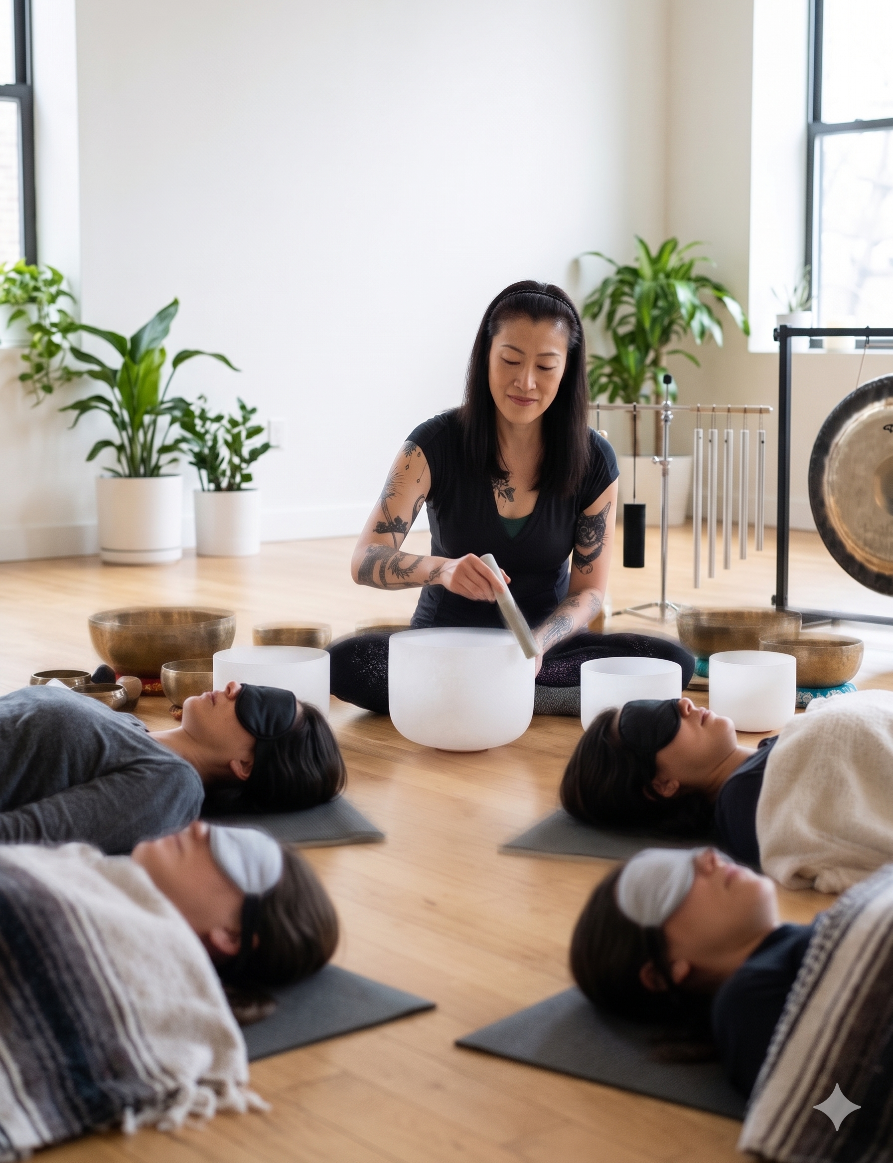 A woman with tattoos on her arms, sitting on a yoga mat, leading a group meditation session with five people lying on their backs with hands on their stomachs in a bright, minimally decorated room with large windows and potted plants.