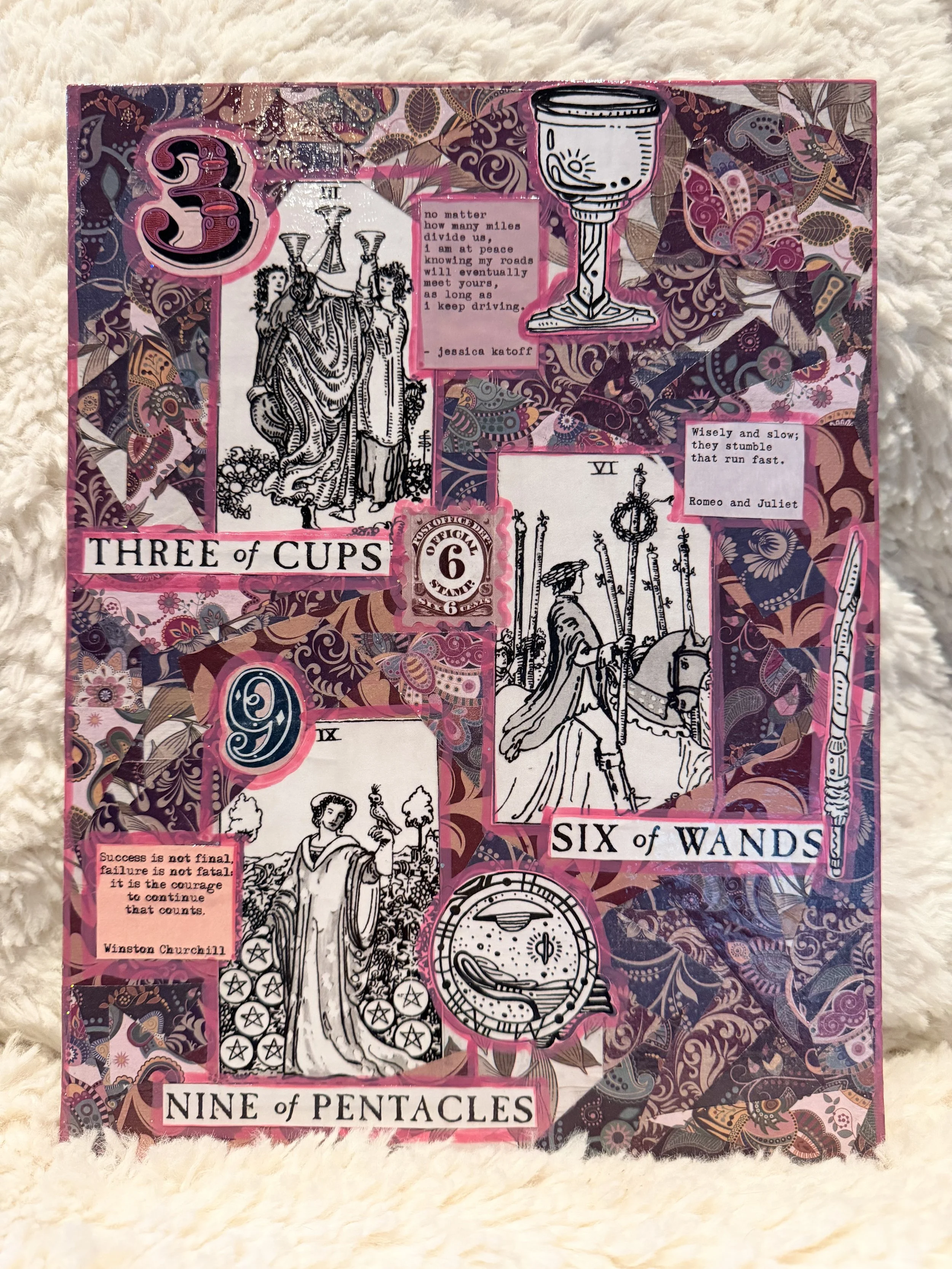 A collage featuring several tarot cards, including the Three of Cups, the Six of Wands, the Nine of Pentacles, and the Six of Wands, with colorful decorative backgrounds and quotes.