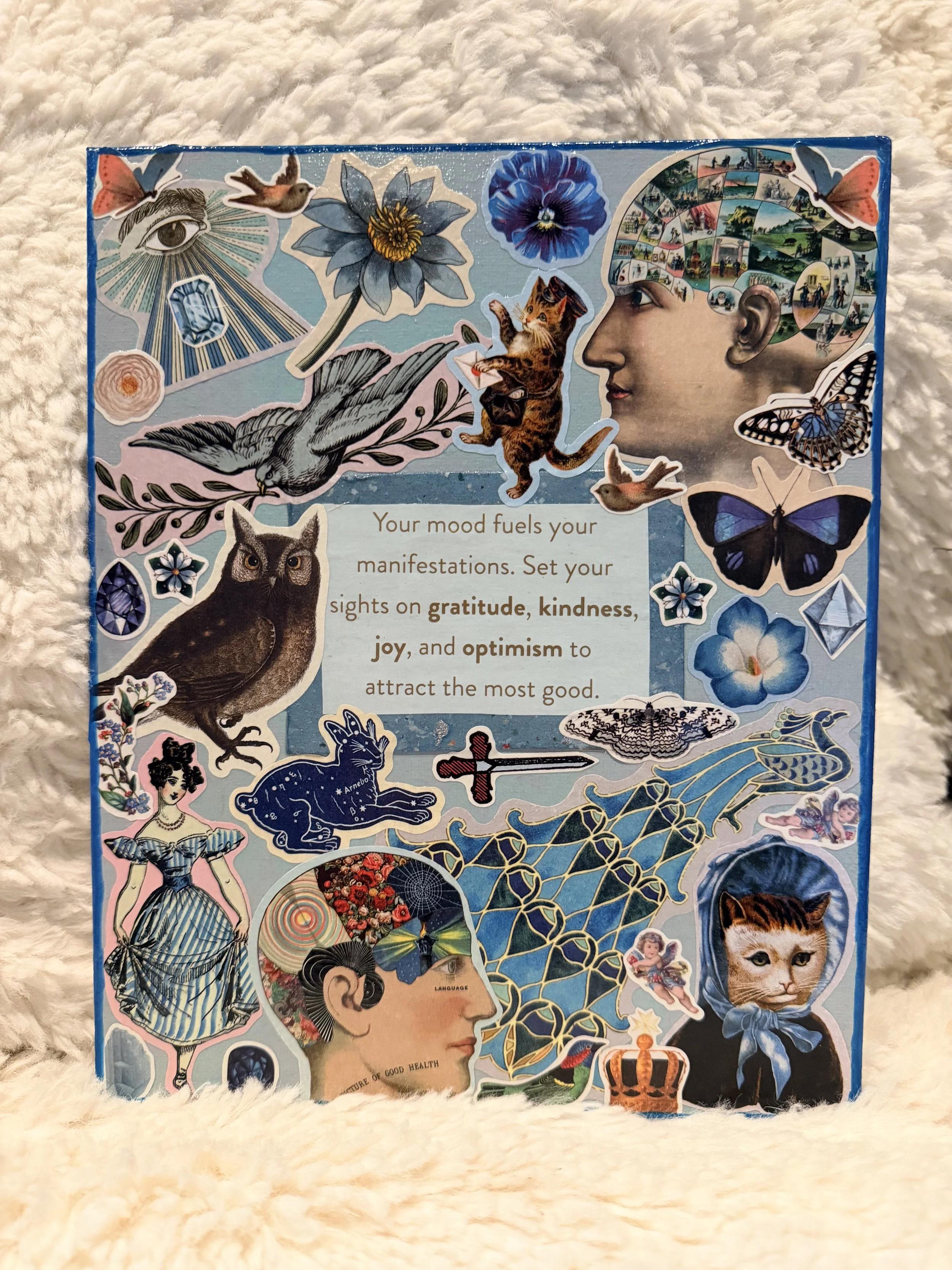 A collage of various illustrated and photographic images, including animals, people, landscapes, and abstract designs with a central quote about mood and manifestation.