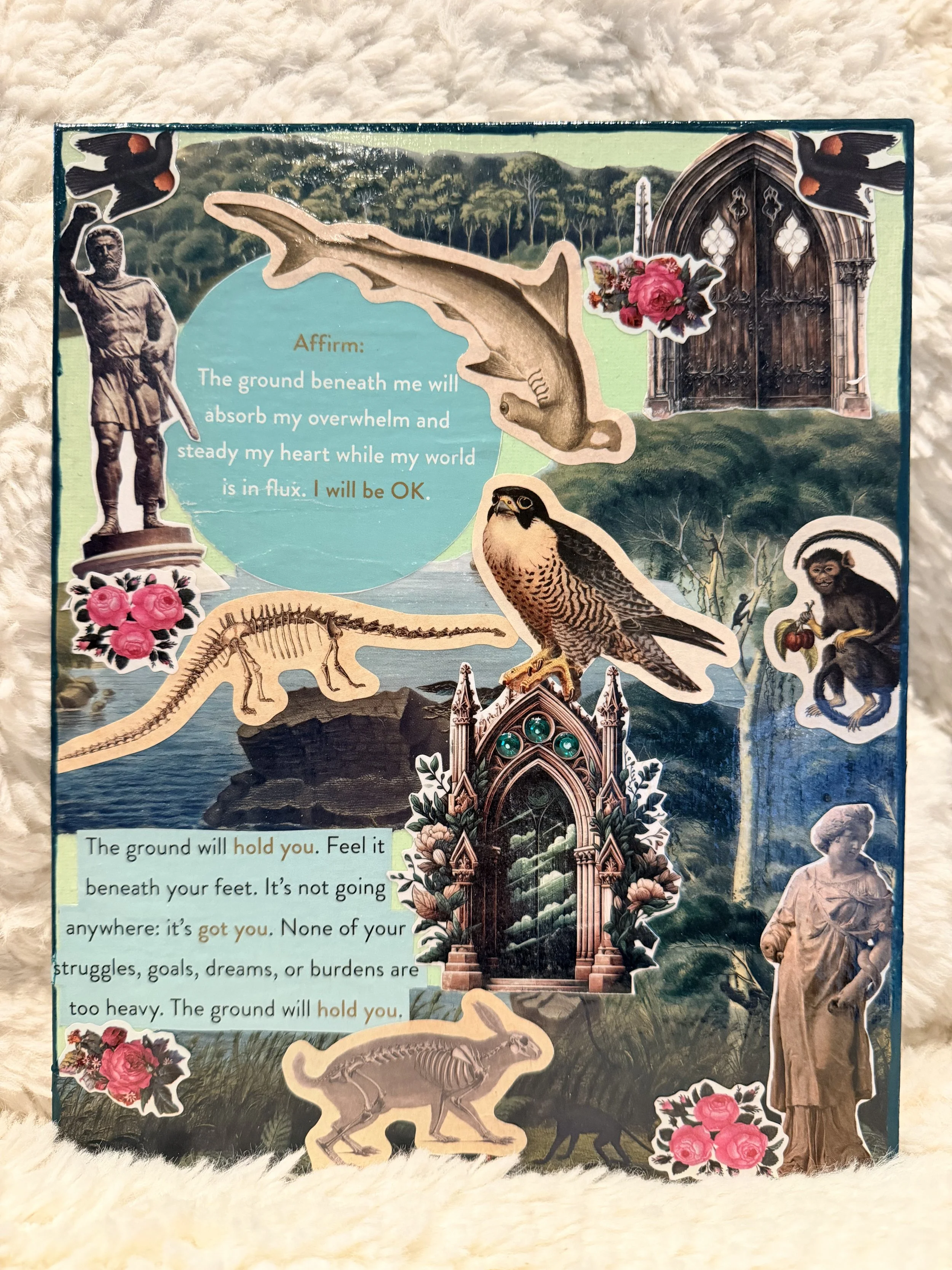 Collage of nature and spiritual imagery with animals, flowers, and architecture, featuring a lion skeleton, an eagle, a monkey, a rat, and a shark, along with flowers, trees, Gothic-style doors, a statue, and scenic backgrounds, with affirmational te