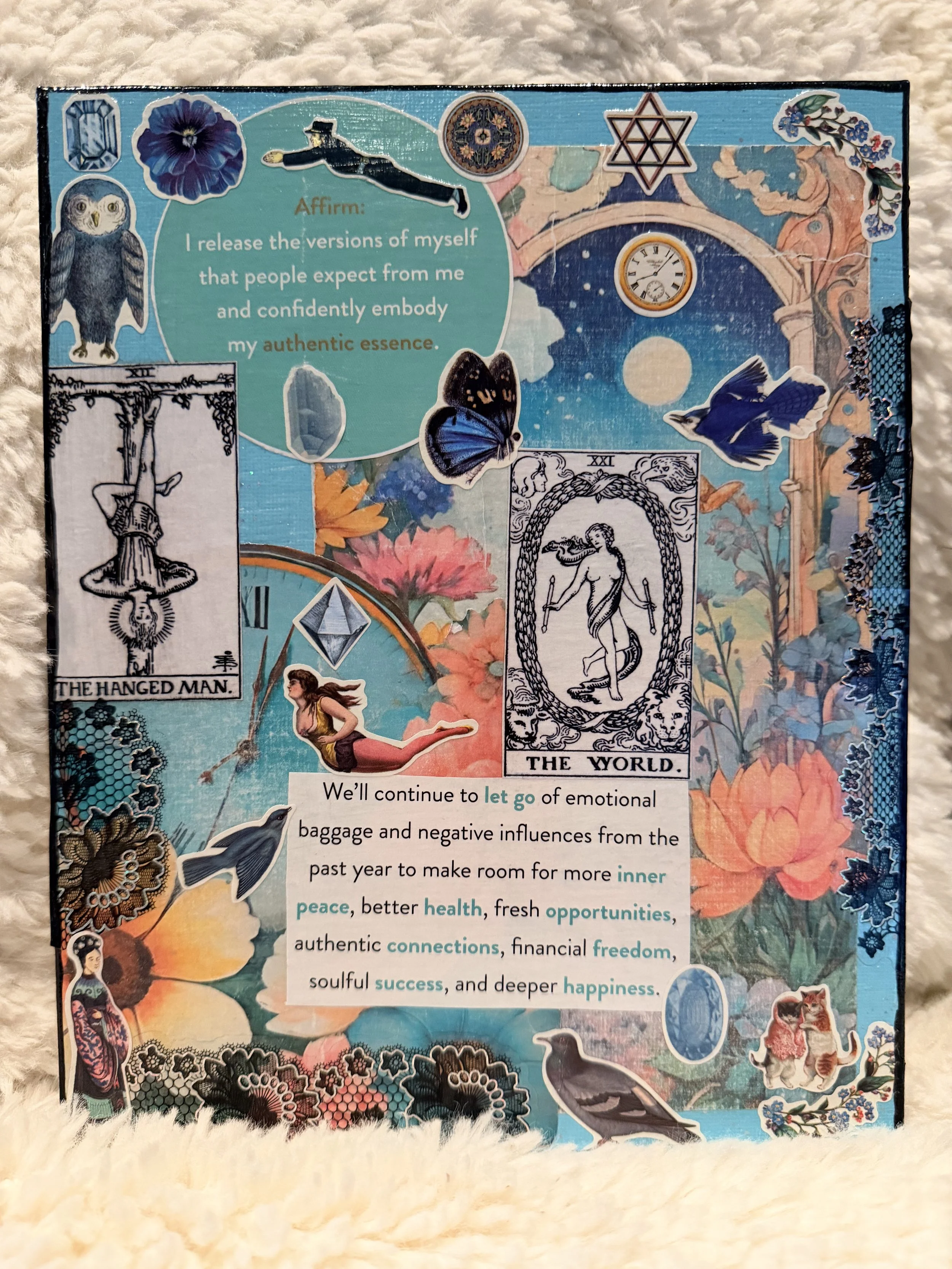 A collage of various images and quotes on a blue background including an affirmation, tarot card images, animals, birds, flowers, and decorative elements.