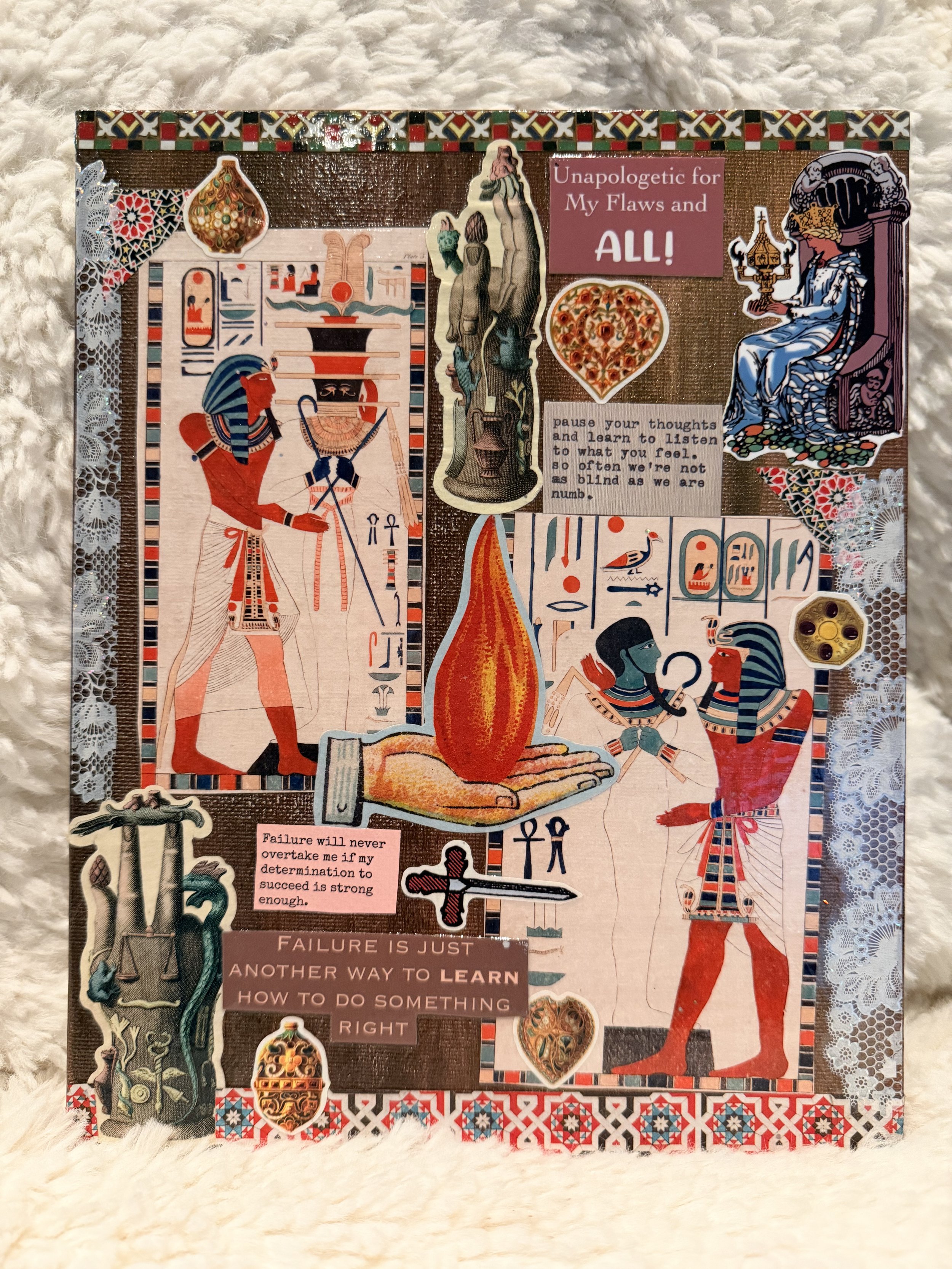 A collage of various Egyptian-style artwork, featuring hieroglyphic-like illustrations, a depiction of a figure in ancient Egyptian attire, a throne scene with a seated figure, and several decorative symbols. There are also several text boxes with mo