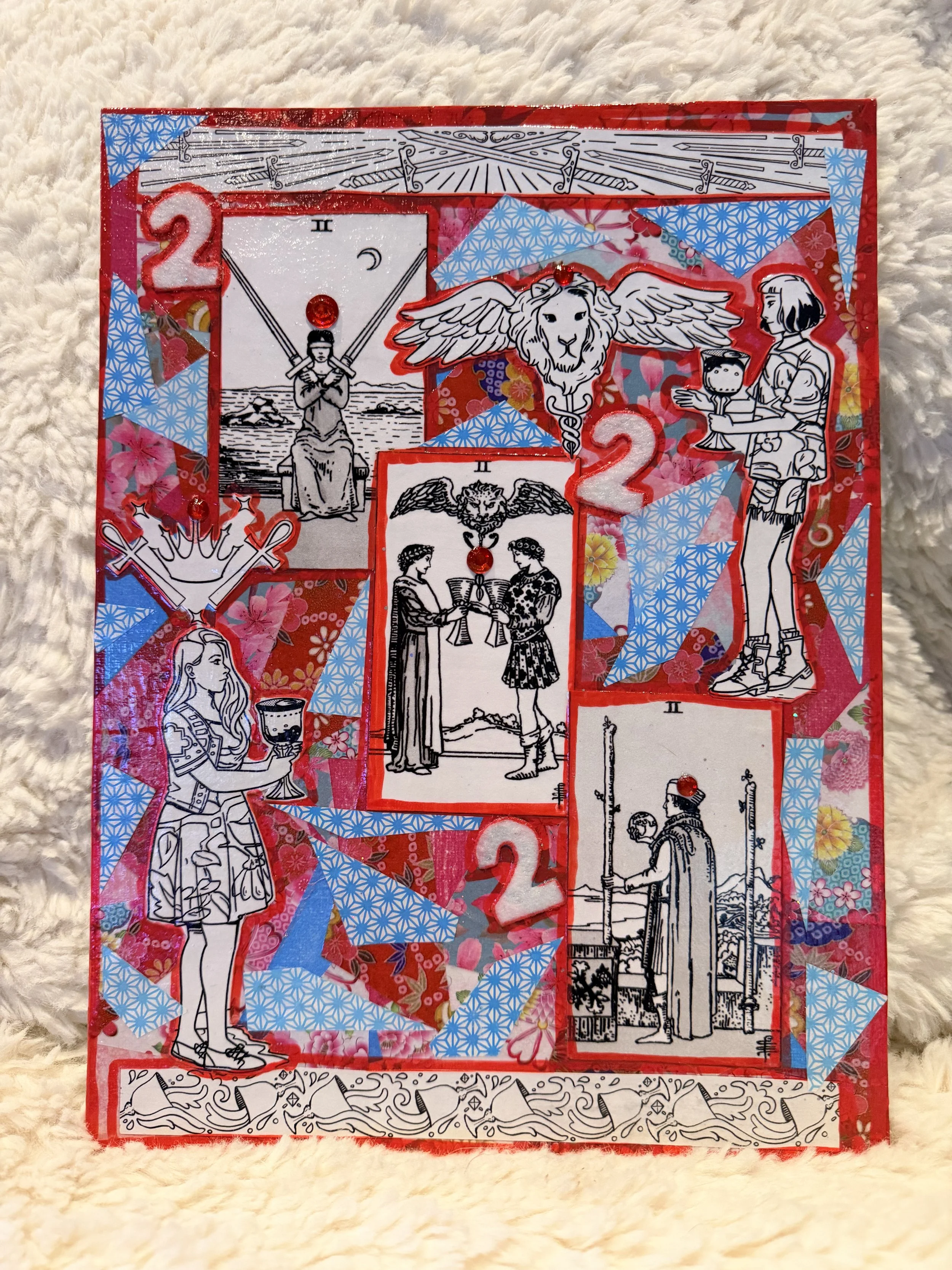 A colorful collage featuring illustrations of historical and creative figures, symbols, and decorative elements, layered with patterned paper and small embellishments.