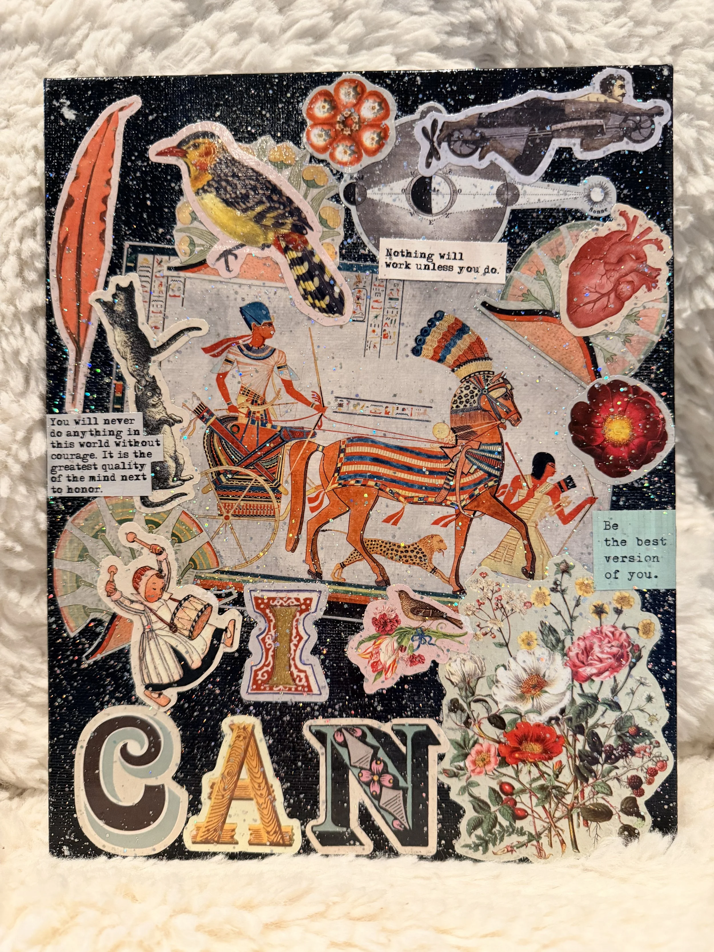 A collage of vintage and modern images, including ancient Egyptian art, a heart illustration, a man lying on a motorcycle, flowers, and motivational quotes on various stickers.