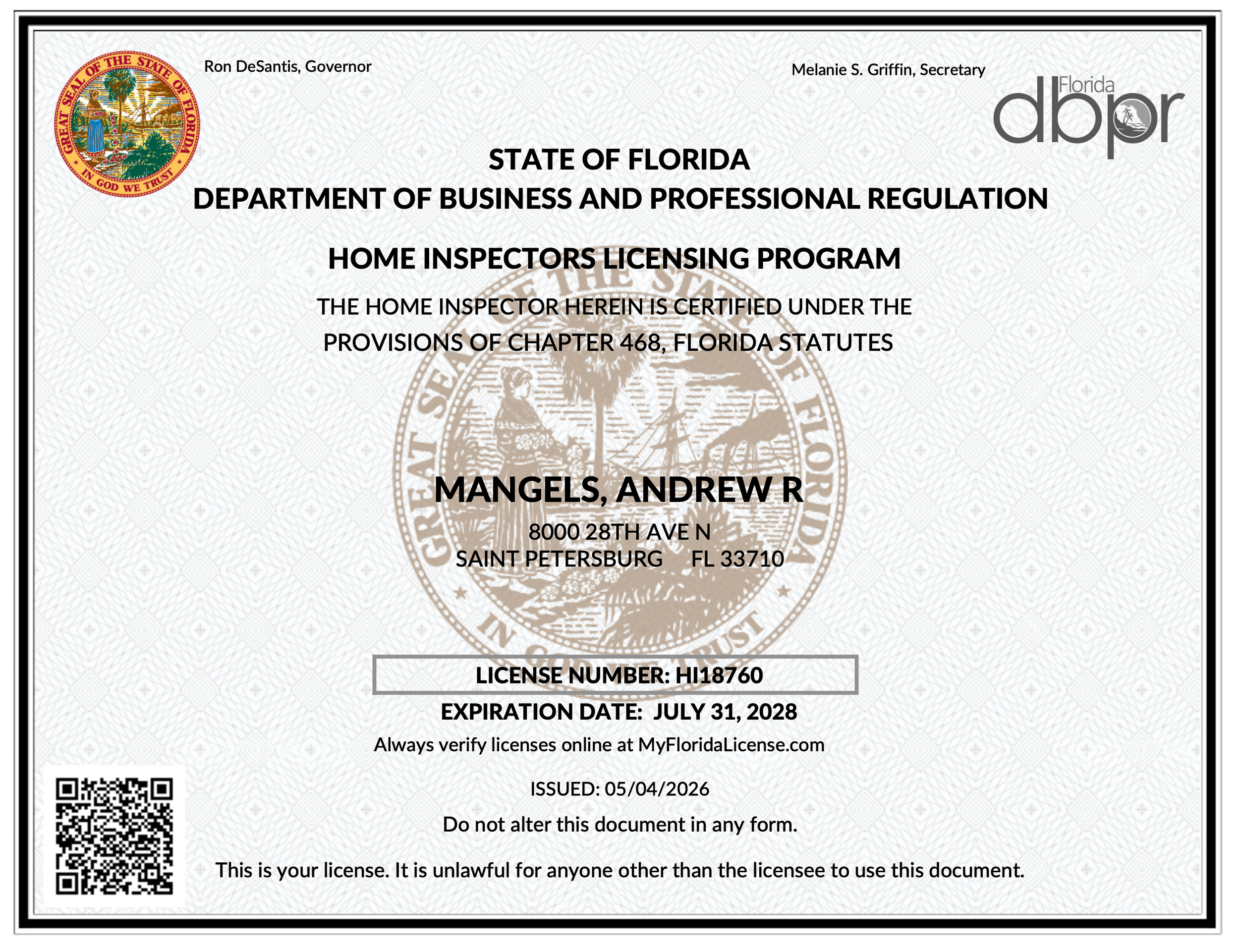 Florida home inspecting license with official state seal, name, address, license number, expiration date, and QR code.