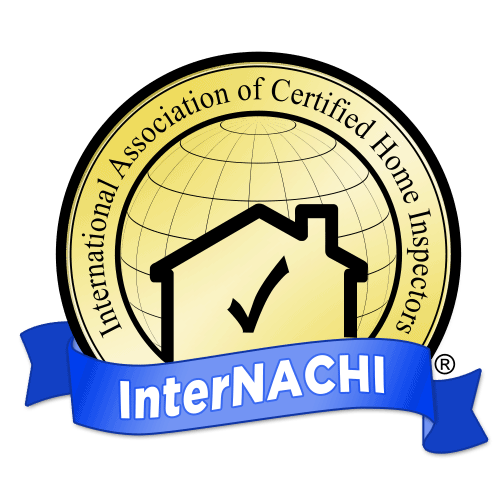 Logo for InterNACHI, featuring a house with a check mark, a globe in the background, and a blue ribbon with the text 'InterNACHI' on it.