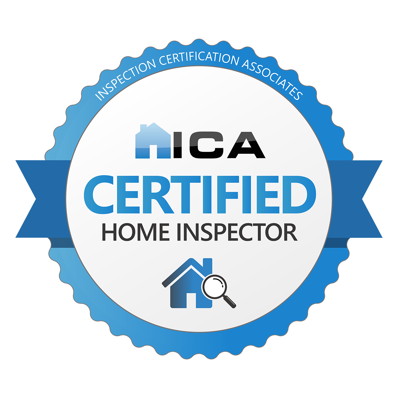 A circular badge with a blue and white color scheme that reads "HIC Certified Home Inspector." The badge features a house icon with a magnifying glass over it and is issued by the Inspection Certification Associates.