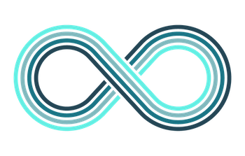 A stylized infinity symbol with layered blue and black gradient lines.