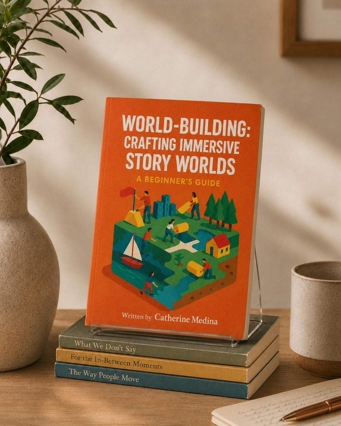 Book titled 'World-Building: Crafting Immersive Story Worlds' by Catherine Medina on a stack of books, next to a potted plant and a cup.