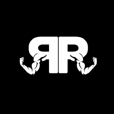 A black background with a white logo featuring a symmetrical design of two muscular arms flexing, forming the shape of the letter 'R' mirrored on both sides.