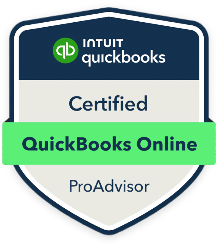 A certification badge for QuickBooks Online ProAdvisor, featuring the QuickBooks logo, and indicating certification for QuickBooks Online.