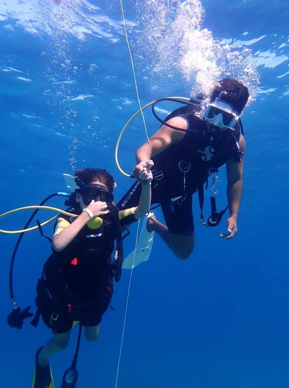 A woman and a young girl scuba diving underwater, holding hands, with scuba gear and masks.