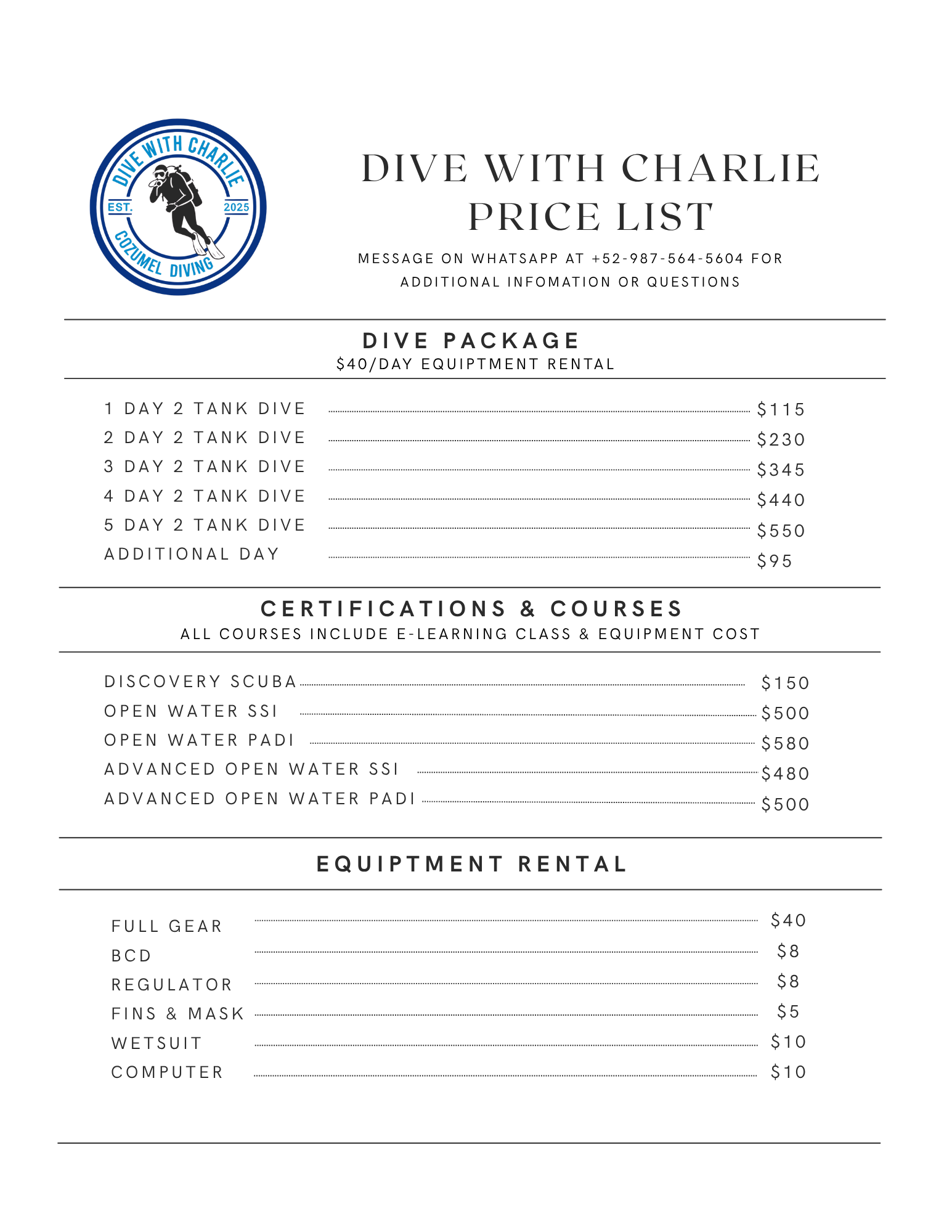 Dive with Charlie price list document showing rates for diving packages and equipment rentals, including a logo of a diver and contact information.