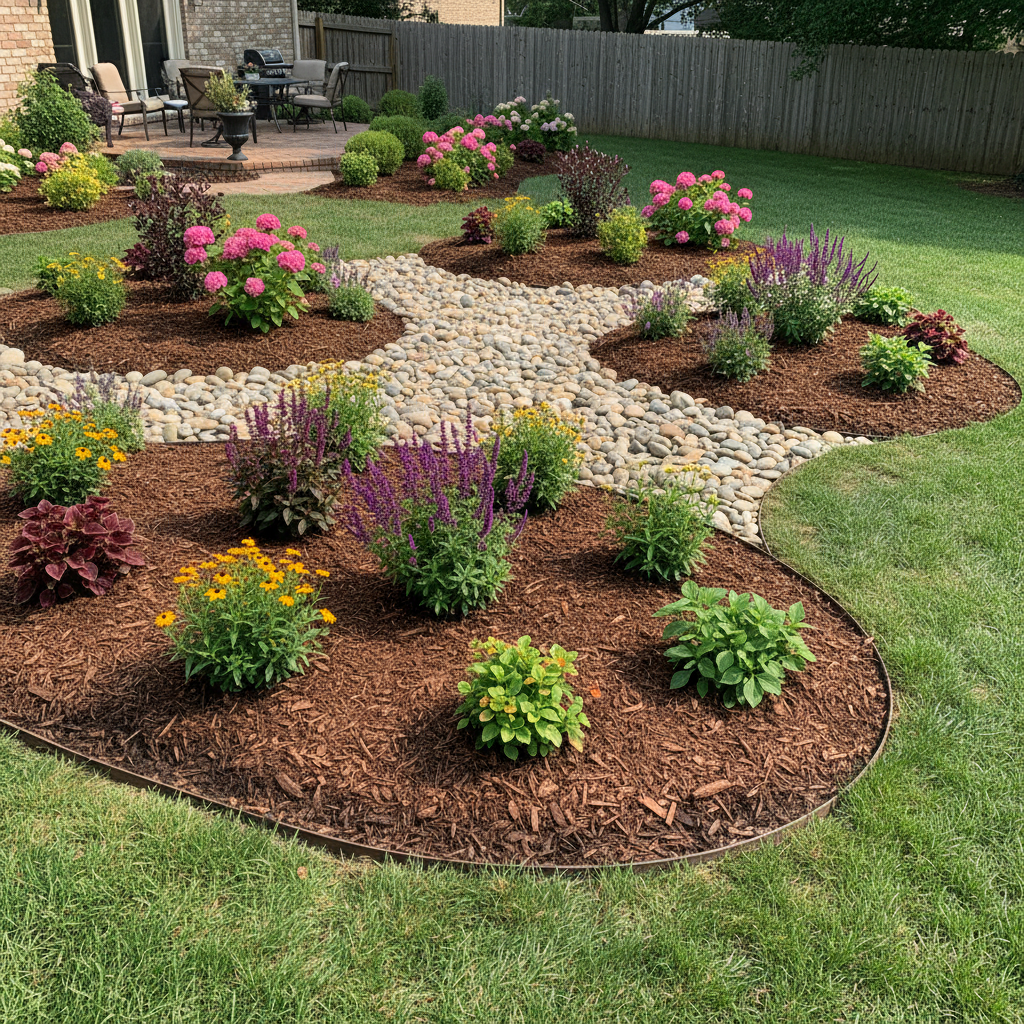 Mulched flower bed with decorative stone and colorful plantings