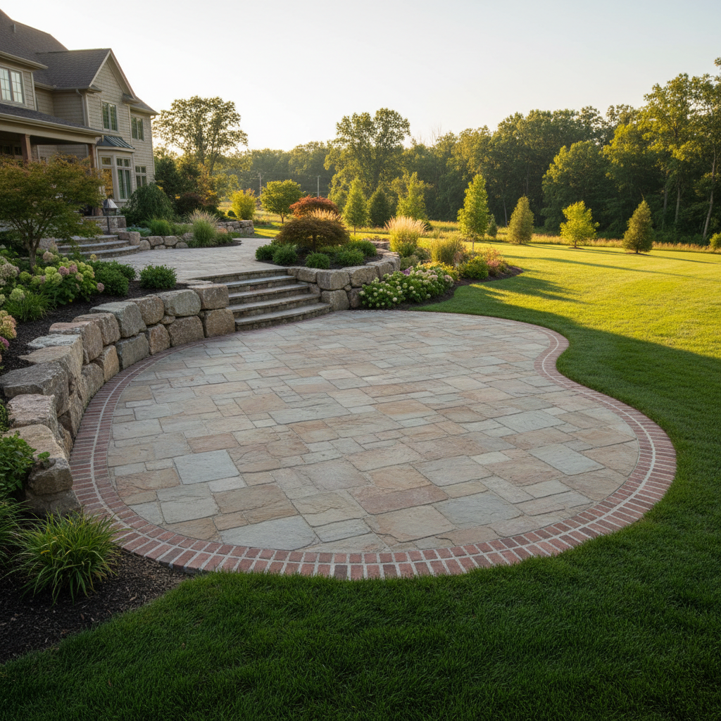 Paver patio with stone steps and retaining wall in a landscaped backyard
