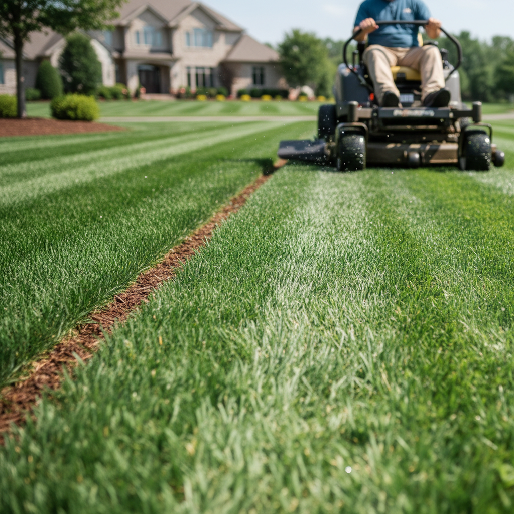 Lawn care professional mowing and edging a residential lawn