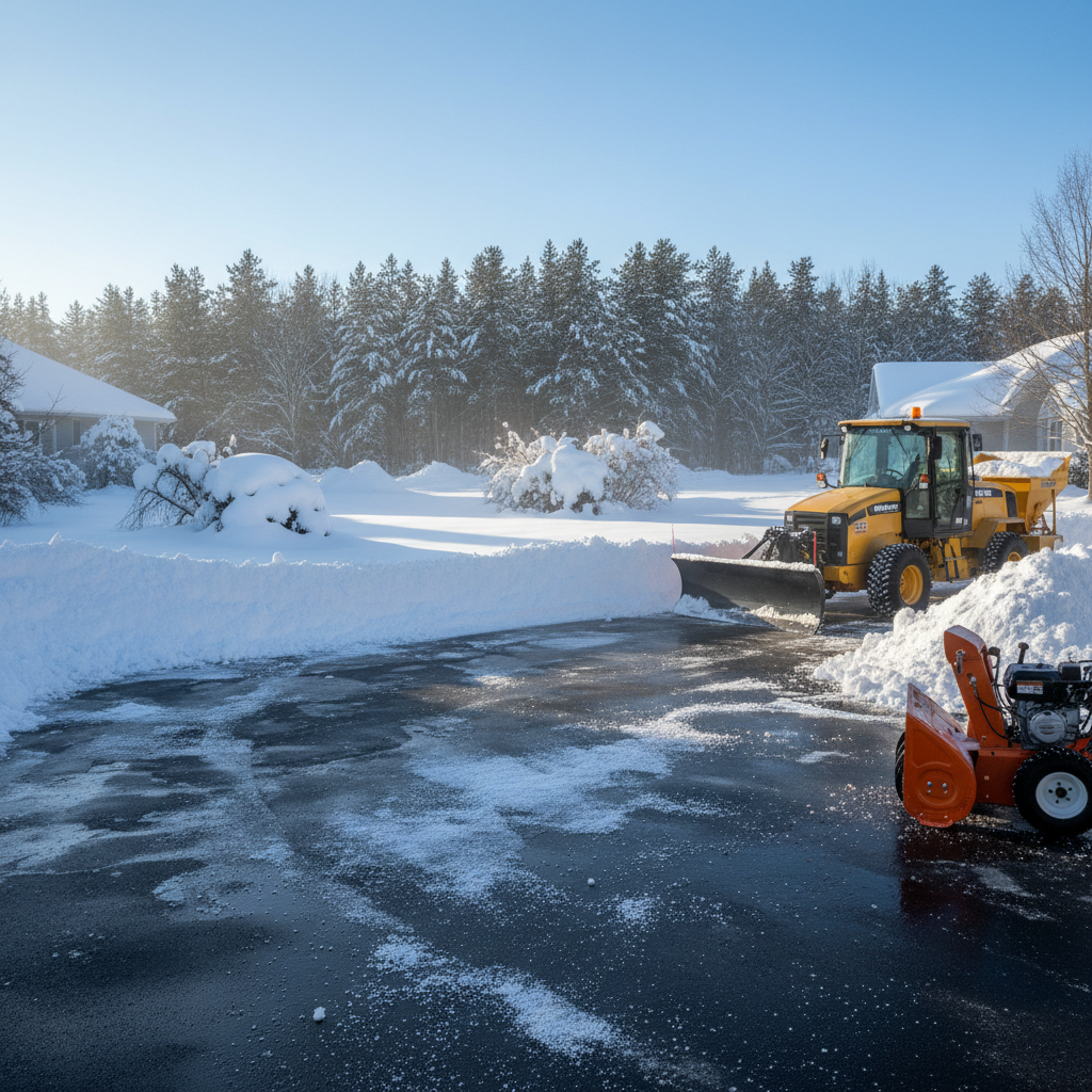 Snow removal service plowing a residential driveway in winter