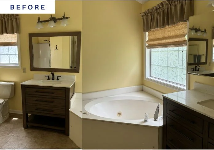 This primary bathroom was out of style. Soft staging elements and neutral styling were introduced to create a calm, elevated atmosphere.
