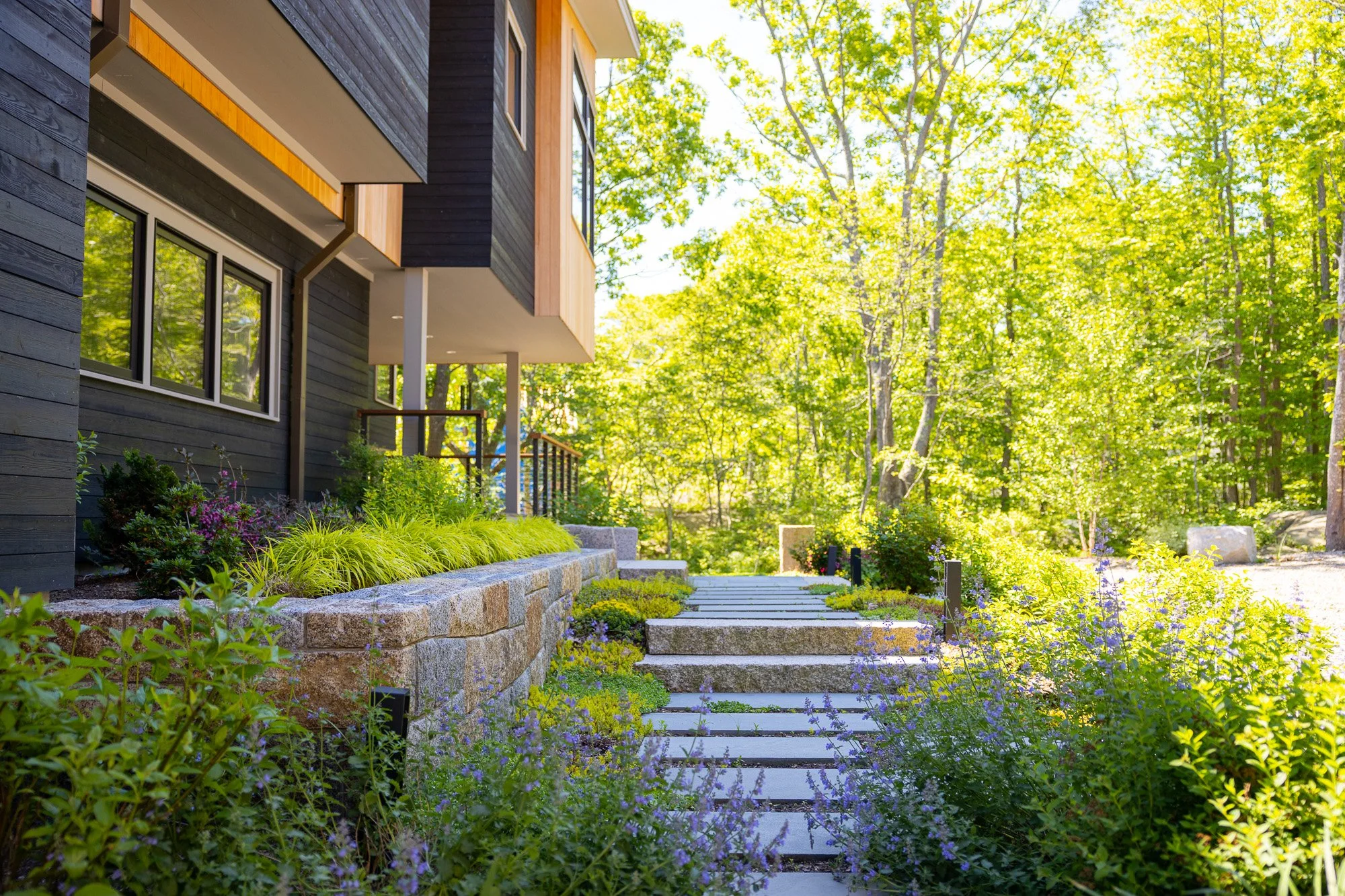 A modern house with black and natural wood exterior, large windows, and a balcony overlooking a lush green wooded area. Stone steps and a garden with various plants and flowers lead up to the house, surrounded by trees and vibrant foliage.