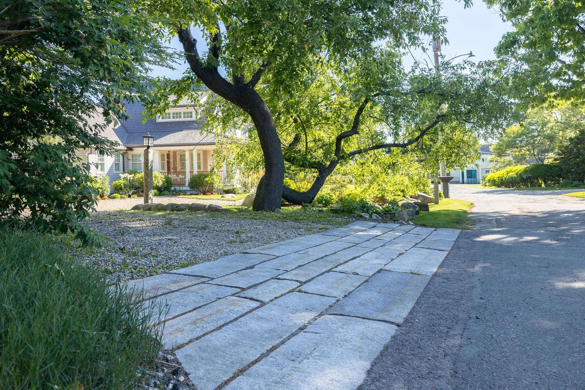 A sunny residential neighborhood street with a stone walkway, green grass, trees, and houses in the background.